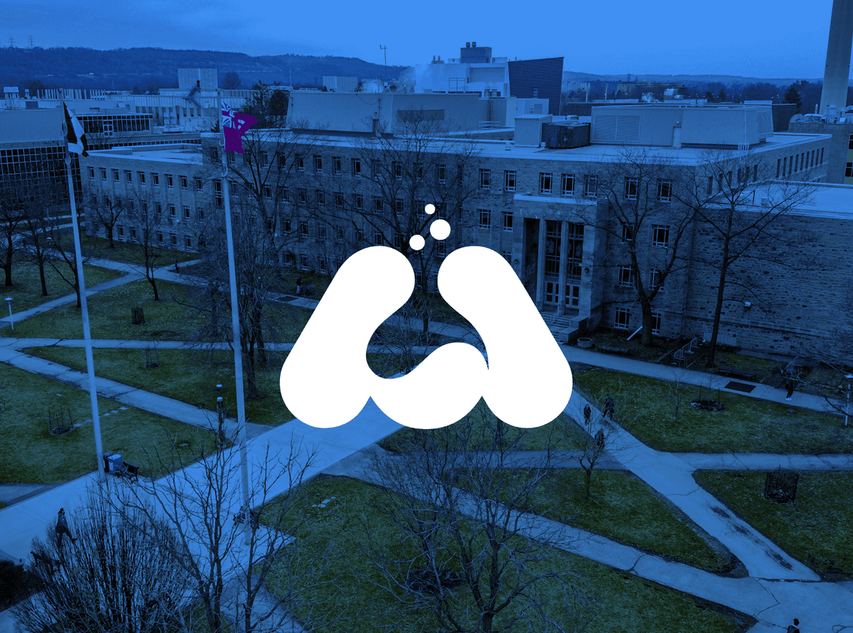 The Oligomaster logo imposed on-top of the McMaster University Campus Science Building